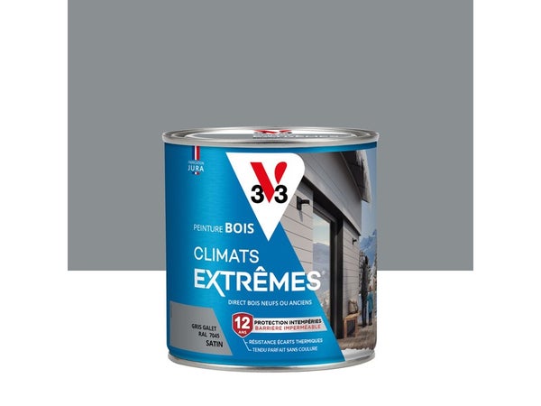 Peinture bois extérieur Climats extrêmes® V33, gris galet satiné 0.5 l