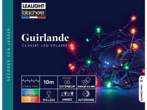 Guirlande exterieur solaire 100 led 1,2v multicolore anime 2 fonctions fixe/flash cable vert 10m