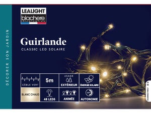 Guirlande exterieur solaire 48 led 1,2v blanc chaud, 2 fonctions fixe/flash, câble vert 5 m