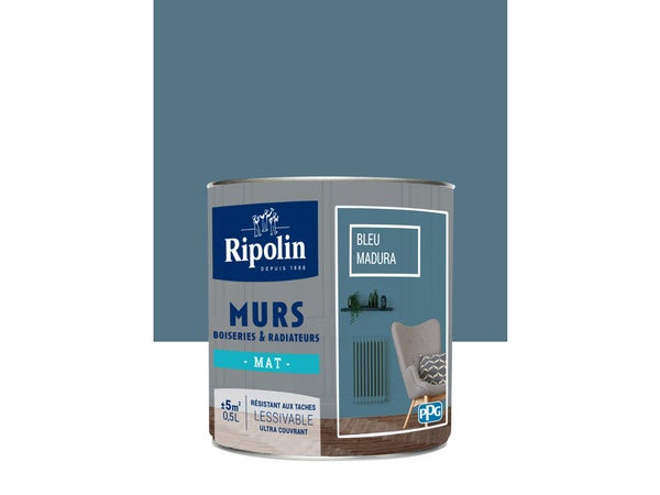Peinture mur, boiserie, radiateur RIPOLIN bleu madura mat 0.5 l
