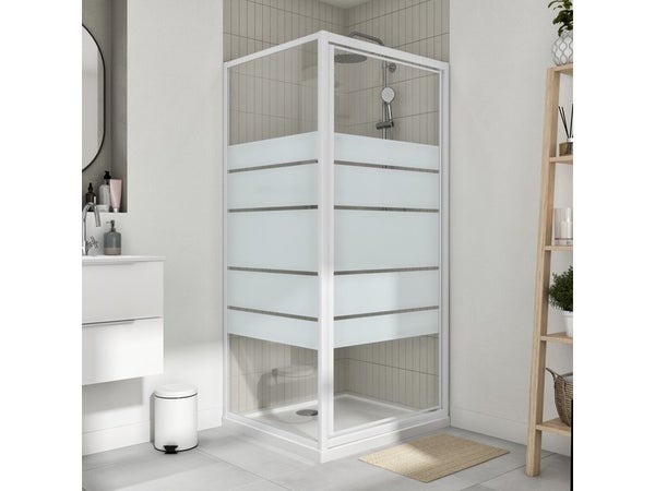 Porte de douche pivotante sérigraphié, blanc 90 cm, ESSENTIAL