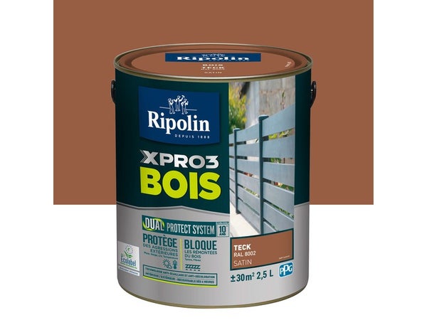 Peinture Bois Extérieur / Intérieur Xpro3 Ripolin, Teck Satiné 2.5 L