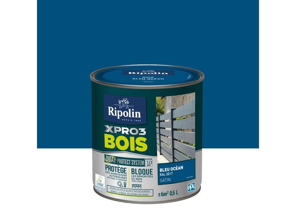 Peinture Bois Extérieur / Intérieur Xpro3 Ripolin, Bleu Ocean Satiné 0.5 L