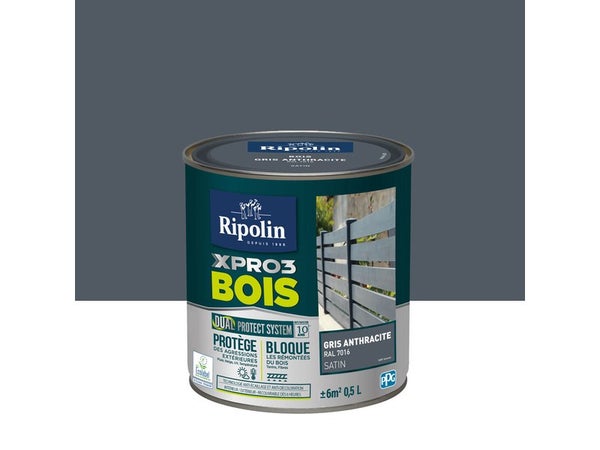 Peinture Bois Extérieur / Intérieur Xpro3 Ripolin, Gris Anthracite Satiné 0.5 L