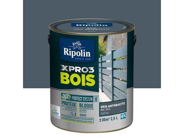 Peinture Bois Extérieur / Intérieur Xpro3 Ripolin, Gris Anthracite Satiné 2.5 L