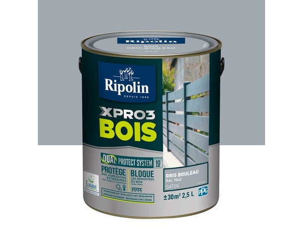 Peinture Bois Extérieur / Intérieur Xpro3 Ripolin, Gris Bouleau Satiné 2.5 L