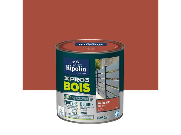 Peinture Bois Extérieur / Intérieur Xpro3 Ripolin, Rouge Vif Satiné 0.5 L