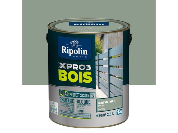 Peinture Bois Extérieur / Intérieur Xpro3 Ripolin, Vert Olivier Satiné 2.5 L
