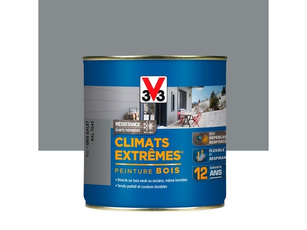 Peinture Bois Extérieur Climats Extrêmes® V33, Gris Galet Mat 0.5 L