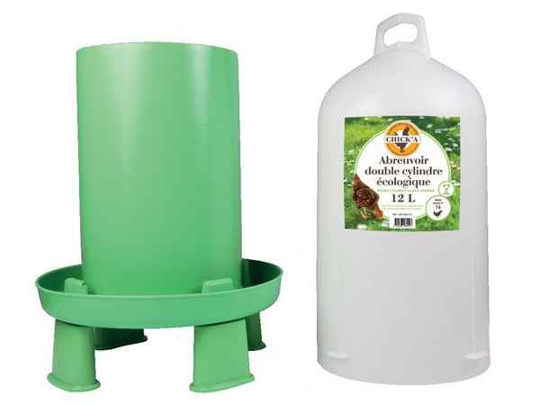 Abreuvoir double cylindre avec pieds ligne verte, 12L, diam 34 cm, H. 50 cm, CHIKA