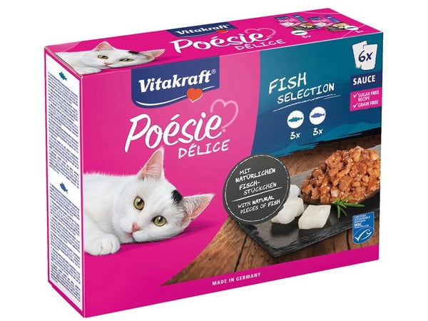 Lot de 6 pâtées pour chat VITAKRAFT Poésie Délice, multipack poissons en sauce, 85 g