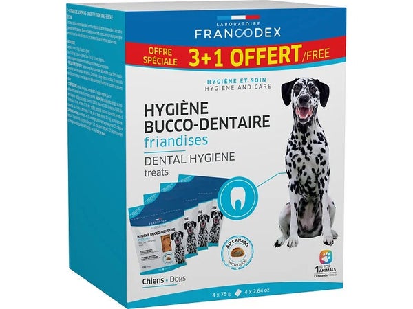 Lot de 4 friandises pour chien, pack hygiène bucco dentaire, 75 g