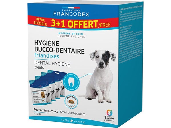 Lot de 4 friandises pour chiot/chien -10 kg, pack hygiène bucco dentaire, 75 g