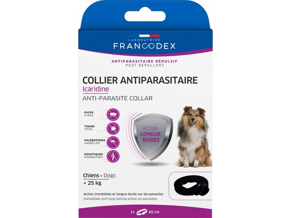 Collier antiparasitaire chien -25kg icaridine noir 60cm  FRANCODEX