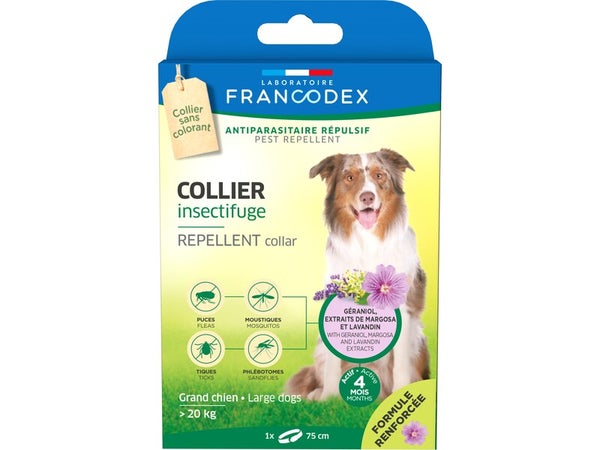 Collier insectifuge chien +20kg margosa/geraniol/lavandin 75cm  FRANCODEX