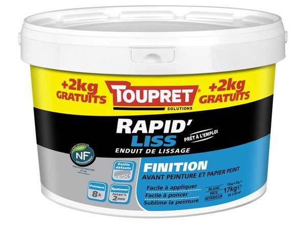 Enduit de lissage en pâte Rapid'liss TOUPRET 15 kg + 2kg gratuit