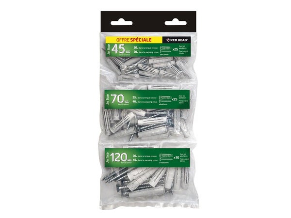 Lot de 60 chevilles nordtech multi matériaux 6, 8 et 10mm + vis tf