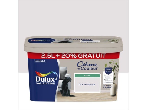 Peinture Crème de couleur DULUX VALENTINE gris tendance satiné 2.5L+20% gratuit
