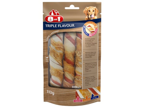 Friandise chien 8in1 triple flavour rolls 113g