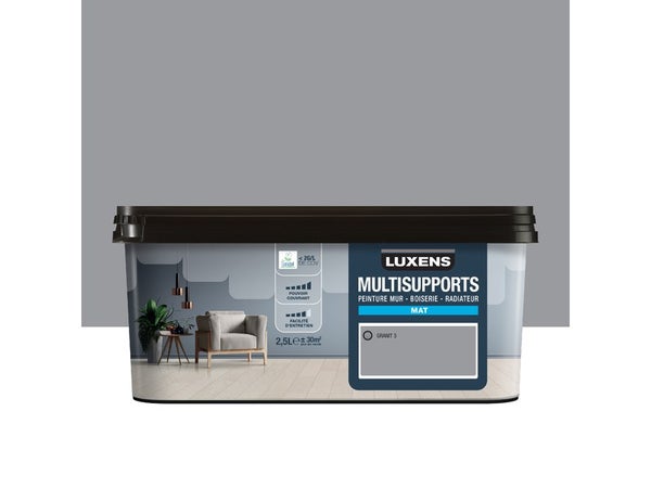 Peinture mat mur, boiserie et radiateur, LUXENS Granit 3, gris, 2.5 litres