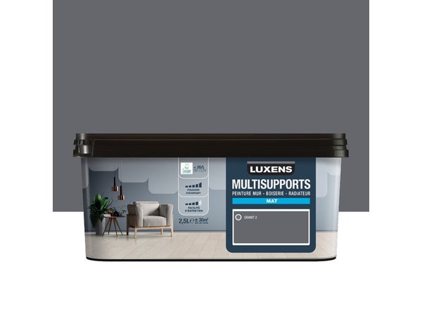 Peinture mat mur, boiserie et radiateur, LUXENS Granit 2, gris, 2.5 litres