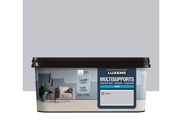 Peinture mat mur, boiserie et radiateur, LUXENS Granit 5, gris, 2.5 litres