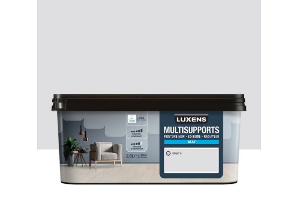 Peinture mat mur, boiserie et radiateur, LUXENS Granit 6, gris, 2.5 litres