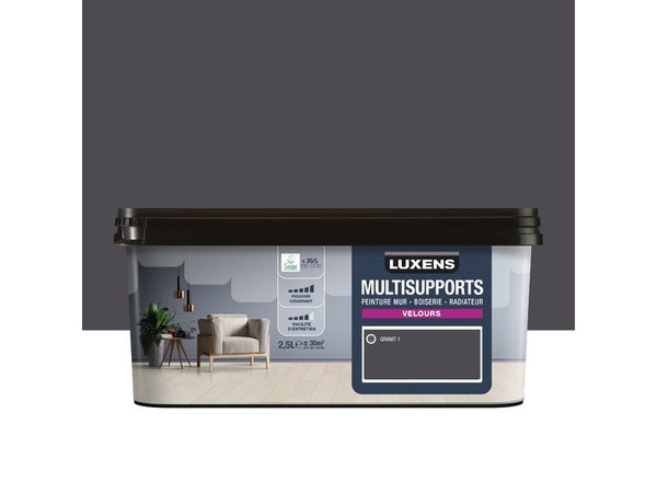 Peinture velours mur, boiserie et radiateur, LUXENS Granit 1, gris 2.5 litres