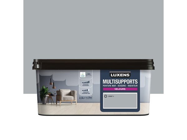 Peinture velours mur, boiserie et radiateur, LUXENS Granit 4, gris, 2.5 litres