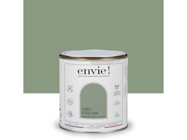 Peinture aspect velours murs, boiseries et radiateurs, biosourcée, ENVIE, vert colline, 0.5 litre