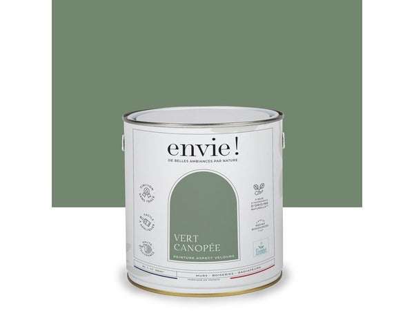 Peinture aspect velours murs, boiseries et radiateurs, biosourcée, ENVIE, vert canopee, 2 litres