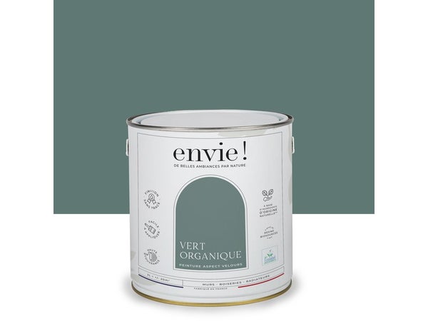 Peinture aspect velours murs, boiseries et radiateurs, biosourcée, ENVIE, vert organique, 2 litres