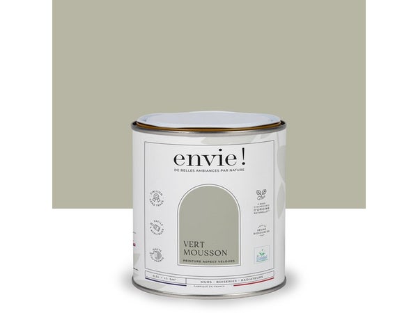 Peinture aspect velours murs, boiseries et radiateurs, biosourcée, ENVIE, vert mousson, 0.5 litre