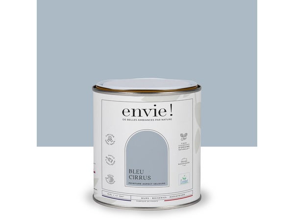 Peinture aspect velours murs, boiseries et radiateurs, biosourcée, ENVIE, bleu cirrus, 0.5 litre
