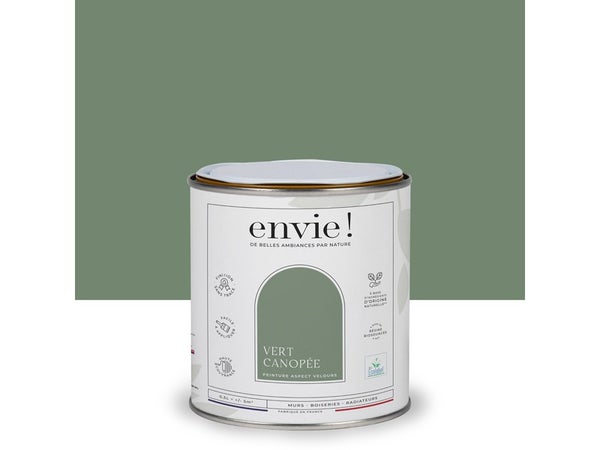 Peinture aspect velours murs, boiseries et radiateurs, biosourcée, ENVIE, vert canopee, 0.5 litre