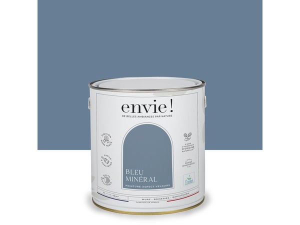 Peinture aspect velours murs, boiseries et radiateurs, biosourcée, ENVIE, bleu mineral, 2 litres