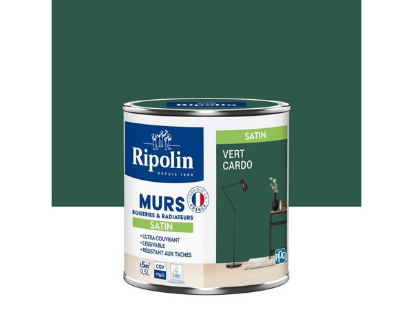 Peinture intérieur mur/boiserie/radiateur satiné, RIPOLIN, vert cardo, 0.5 litre