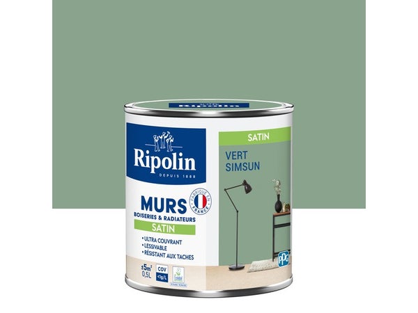 Peinture intérieur mur/boiserie/radiateur satiné, RIPOLIN,  vert simsun, 0.5 litre