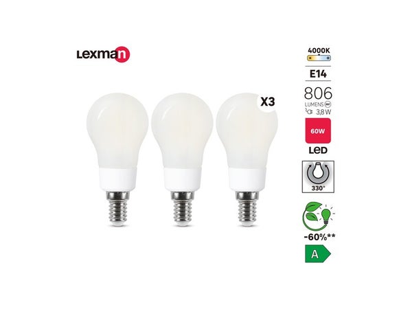 Lot de 3 ampoules led à filament  E14, 806Lm = 3.8W, LEXMAN