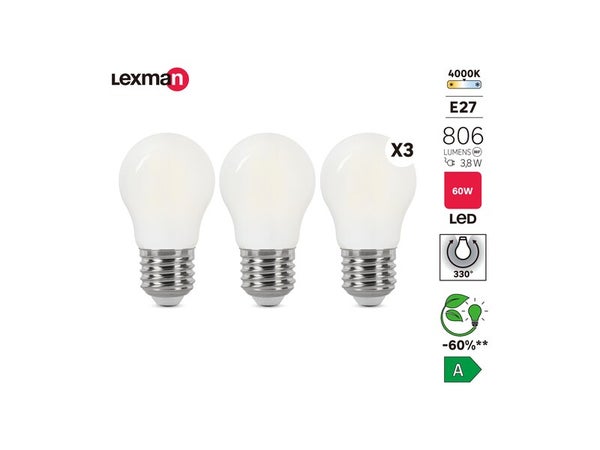 Lot de 3 ampoules led à filament  E27, 806Lm = 3.8W, LEXMAN