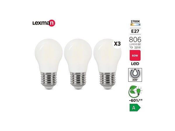 Lot de 3 ampoules led à filament  E27, 806Lm = 3.8W, LEXMAN