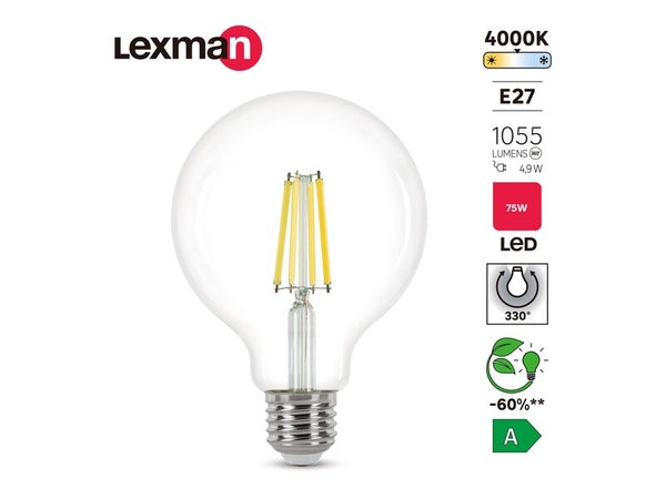 Ampoule led à filament  E27, 1055Lm = 4.9W, LEXMAN