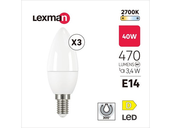 Lot de 3 ampoules led  E14, 470Lm = 3.4W, LEXMAN