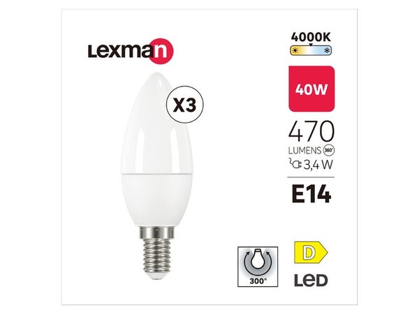 Lot de 3 ampoules led  E14, 470Lm = 3.4W, LEXMAN