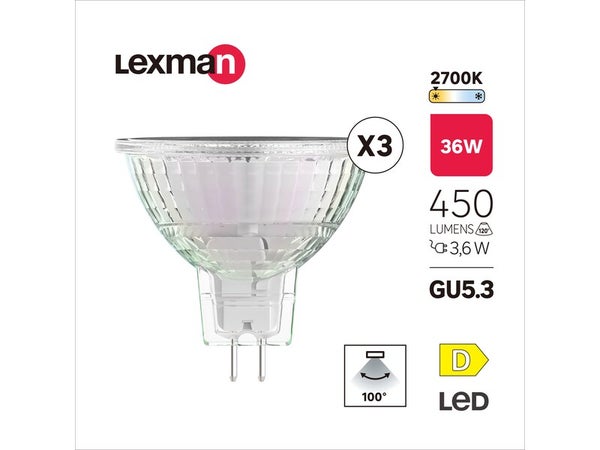 Lot de 3 ampoules led, réflecteur GU5.3, 100°, 450lm = 36W, blanc chaud, LEXMAN