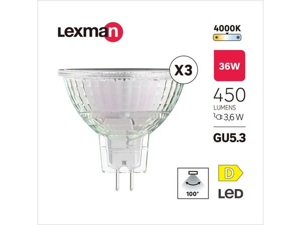 Lot de 3 ampoules led, réflecteur GU5.3, 100°, 450lm = 36W, blanc neutre, LEXMAN