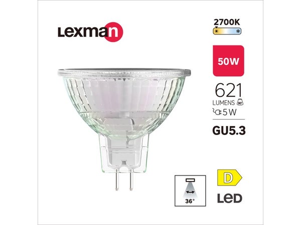 Ampoule led, réflecteur GU5.3, 36°, 621lm = 50W, blanc chaud, LEXMAN