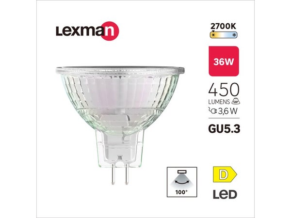 Ampoule led, réflecteur GU5.3, 100°, 450lm = 36W, blanc chaud, LEXMAN