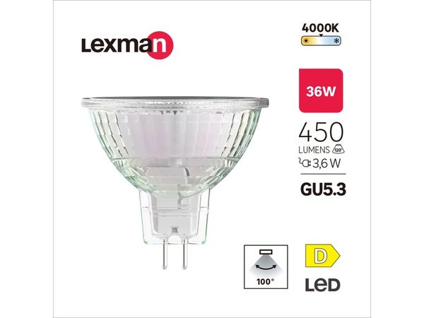 Ampoule led, réflecteur GU5.3, 100°, 450lm = 36W, blanc neutre, LEXMAN