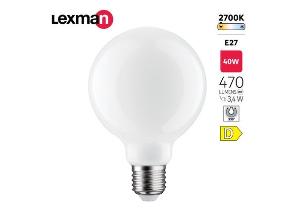 Ampoule led, globe 80mm, E27, 470lm = 40W, blanc chaud, LEXMAN